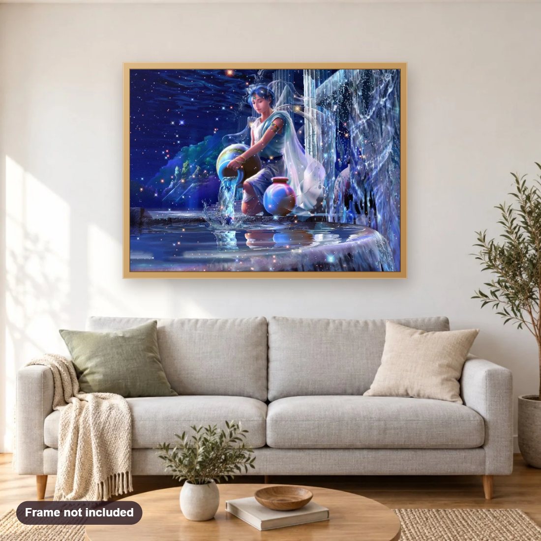 Aquarius Zodiac diamond painting shown framed on a living room wall above a sofa