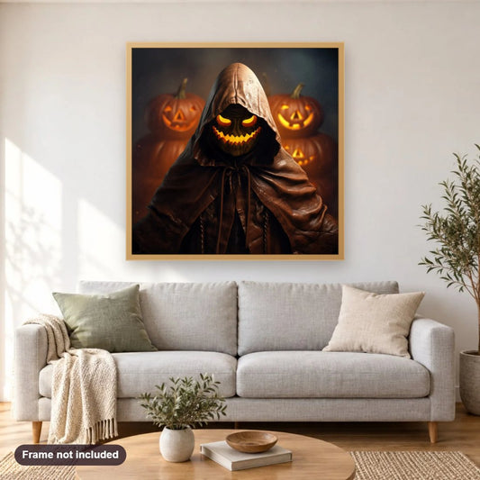 Are You Ready for Halloween? diamond painting shown framed on a living room wall above a sofa