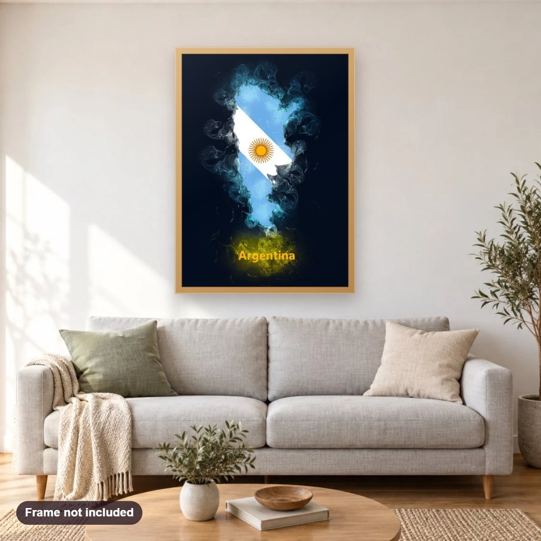 Argentina Country Map diamond painting shown framed on a living room wall above a sofa