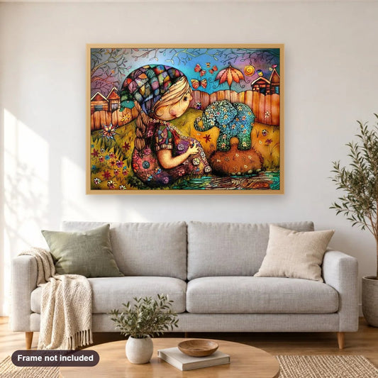 Art by Karin Taylor diamond painting shown framed on a living room wall above a sofa