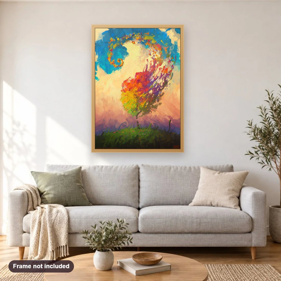 Artem Rhads Art diamond painting shown framed on a living room wall above a sofa