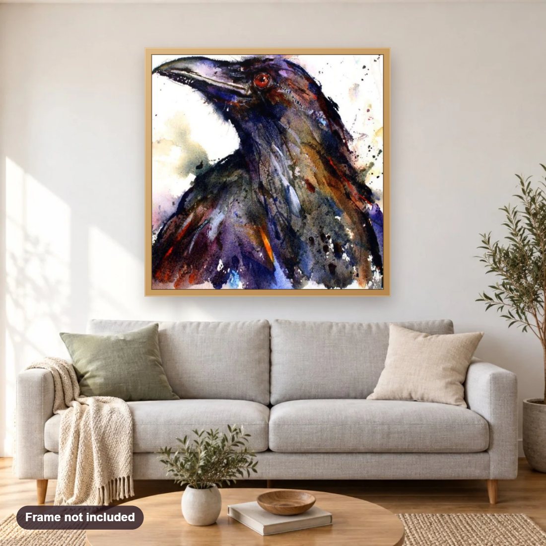 Artistic Crow diamond painting shown framed on a living room wall above a sofa