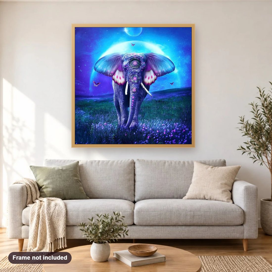 Artistic Elephant diamond painting shown framed on a living room wall above a sofa