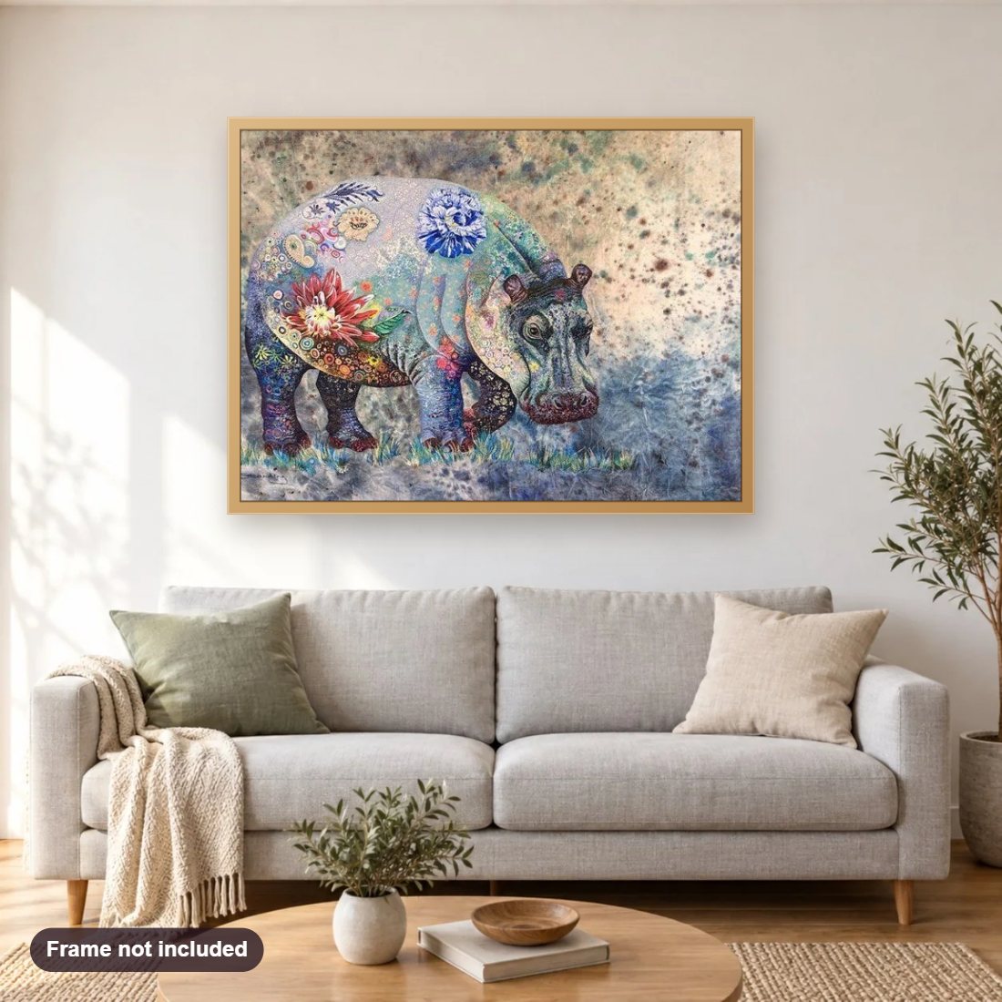 Artistic Floral Hippo diamond painting shown framed on a living room wall above a sofa