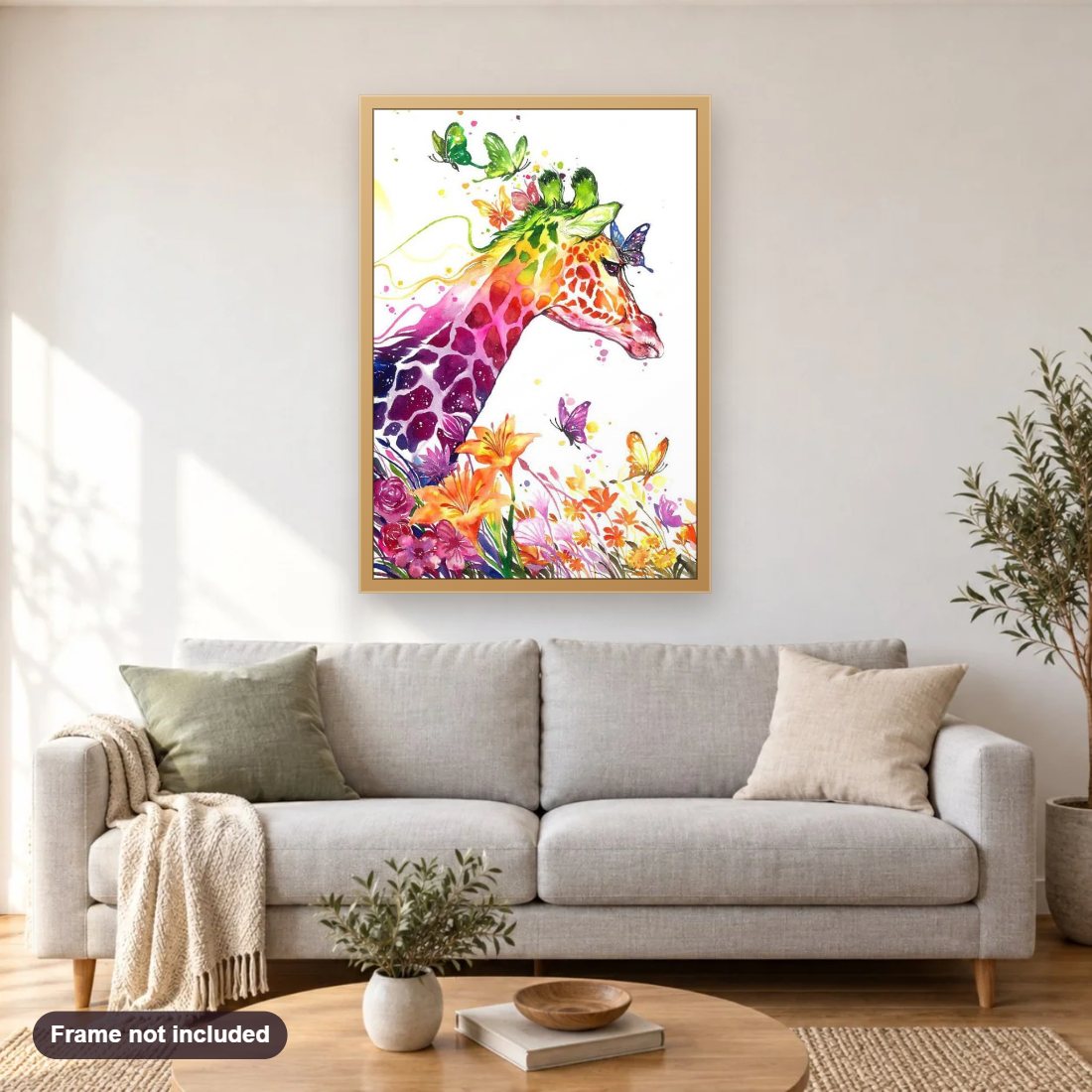 Artistic Giraffe diamond painting shown framed on a living room wall above a sofa