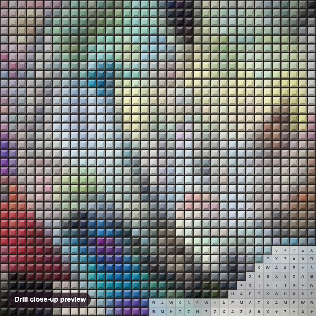 Close-up preview of the Artistic Rhino diamond painting with square 5D drills and printed canvas symbols