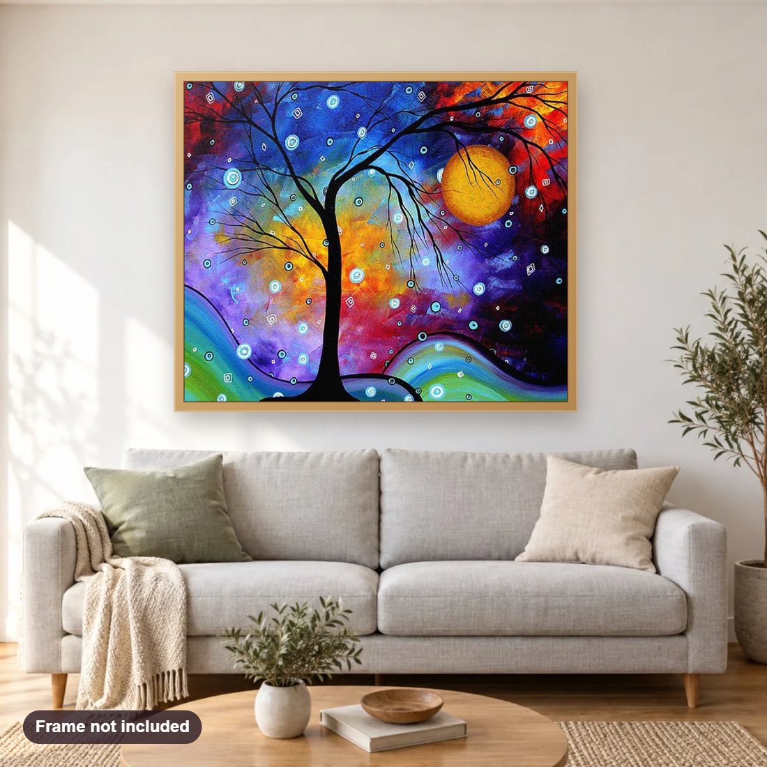 Artistic Tree diamond painting shown framed on a living room wall above a sofa