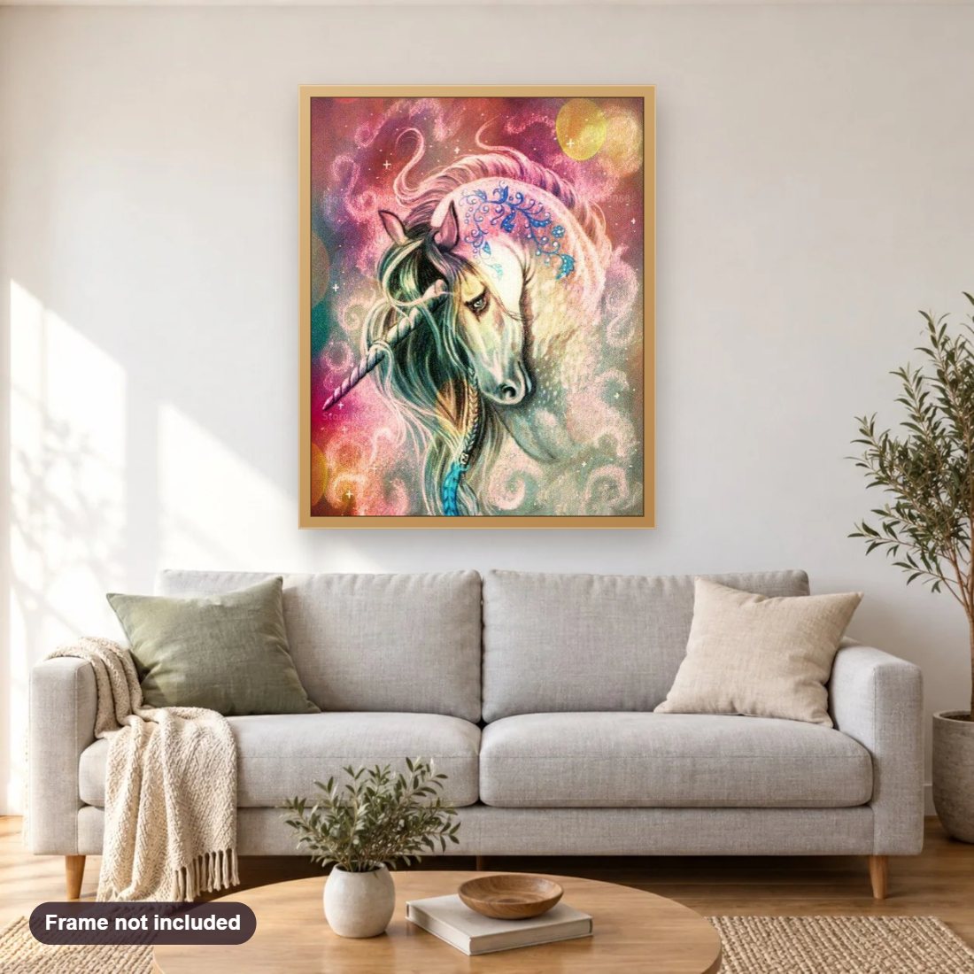 Artistic Unicorn diamond painting shown framed on a living room wall above a sofa