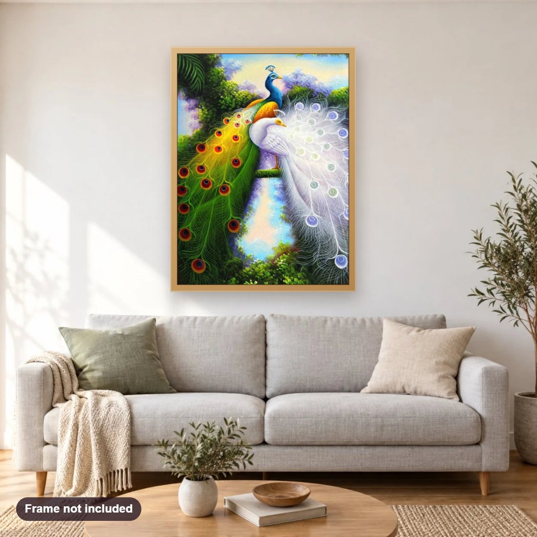 Attractive Peacocks diamond painting shown framed on a living room wall above a sofa