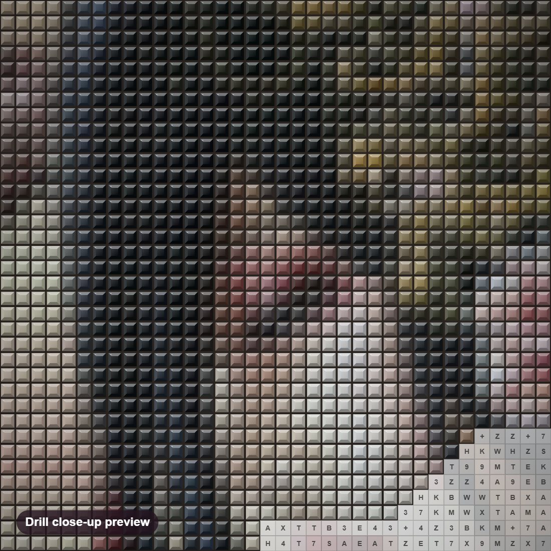 Close-up preview of the Aurelie Rhumeur Art diamond painting with square 5D drills and printed canvas symbols