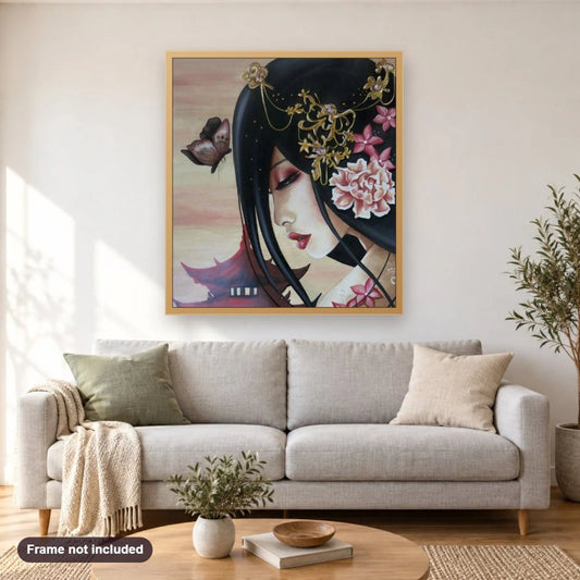 Aurelie Rhumeur Art diamond painting shown framed on a living room wall above a sofa