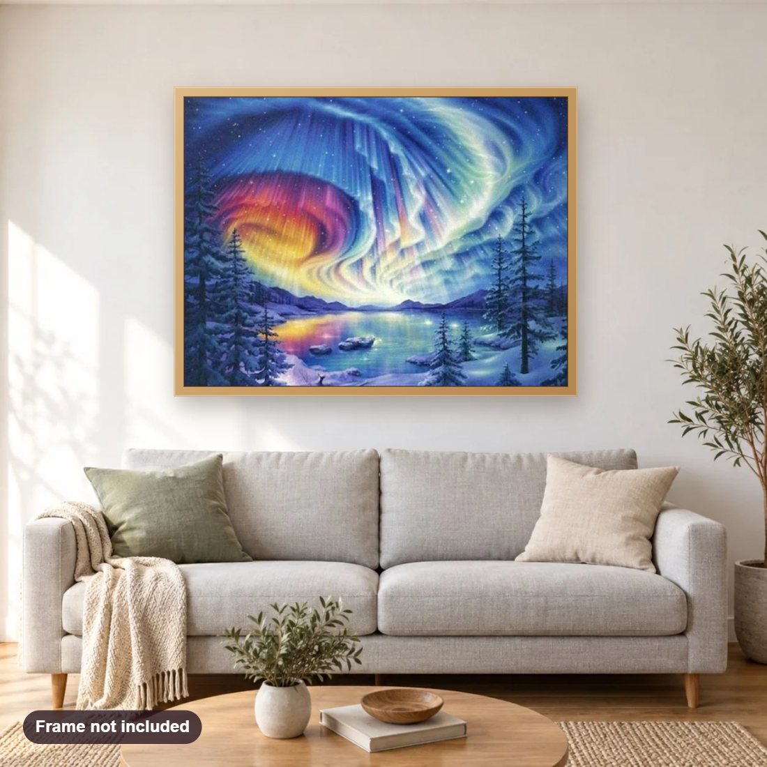 Aurora Borealis Northern Lights diamond painting shown framed on a living room wall above a sofa