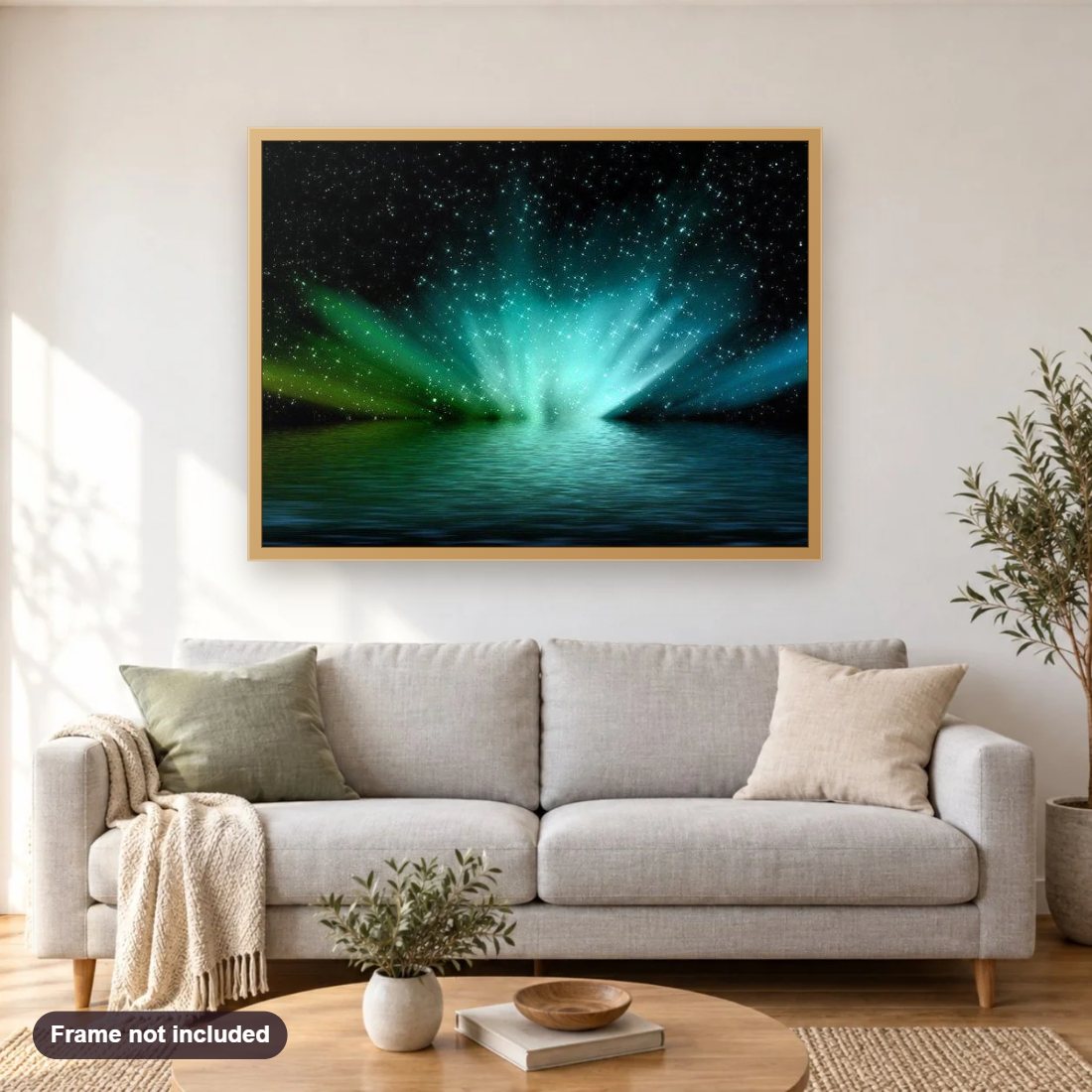 Aurora Borealis diamond painting shown framed on a living room wall above a sofa