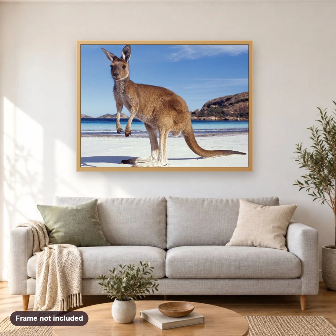 Australian Kangaroo on the Beach diamond painting shown framed on a living room wall above a sofa