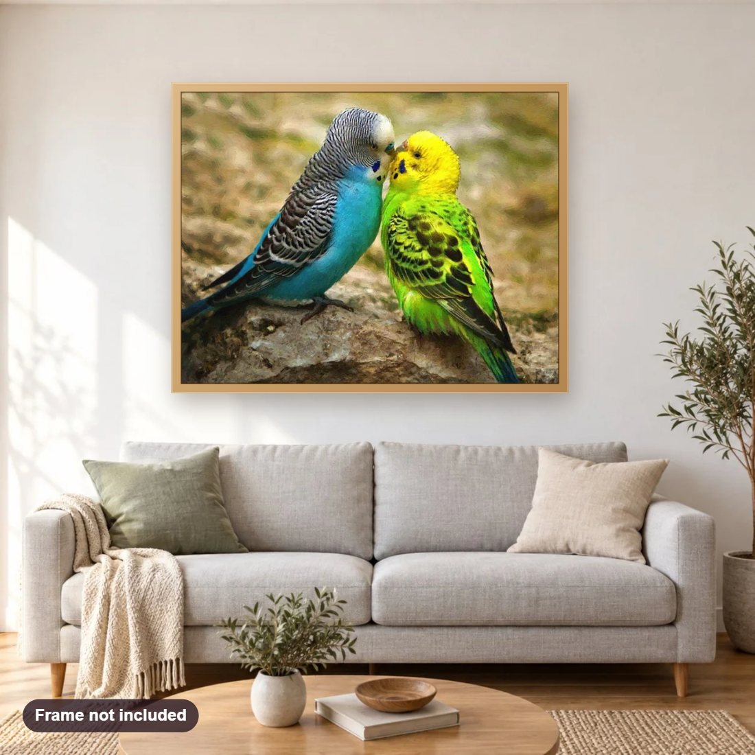 Australian Parrots diamond painting shown framed on a living room wall above a sofa