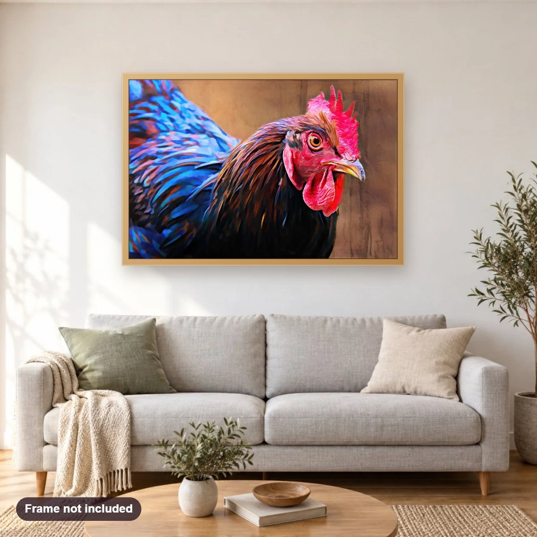 Australorp Chicken diamond painting shown framed on a living room wall above a sofa