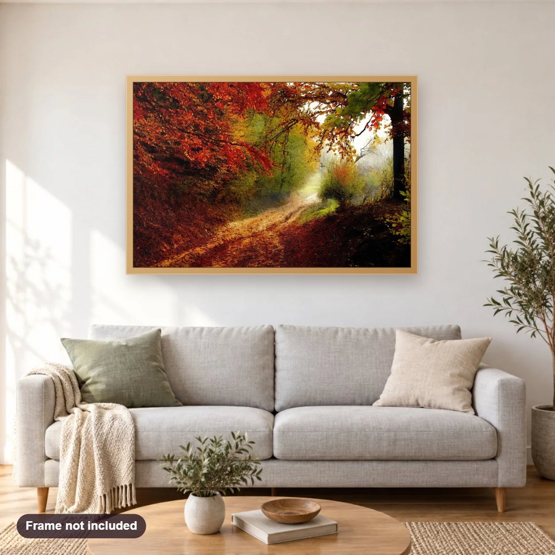 Autumn Forest Edge diamond painting shown framed on a living room wall above a sofa