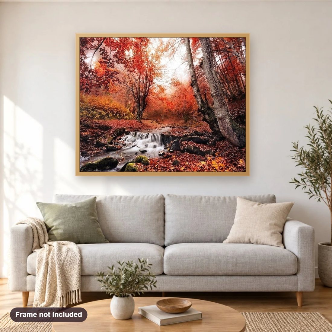 Autumn Forest Landscape diamond painting shown framed on a living room wall above a sofa