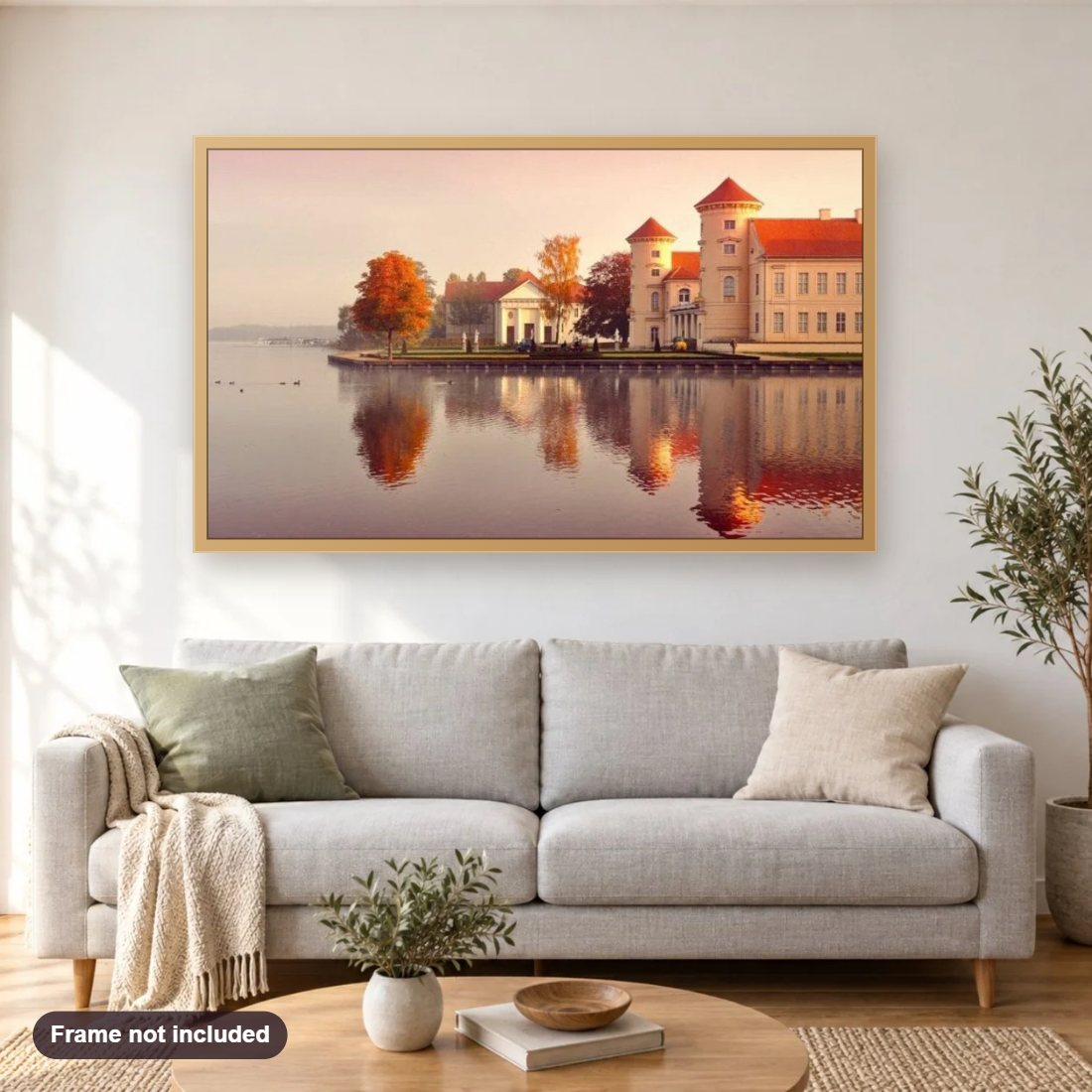 Autumn in Germany diamond painting shown framed on a living room wall above a sofa