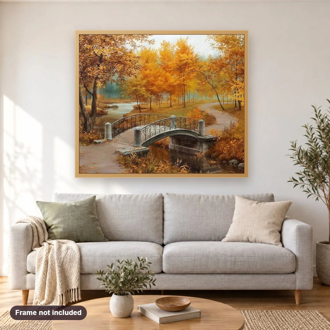 Autumn Season in A Park diamond painting shown framed on a living room wall above a sofa
