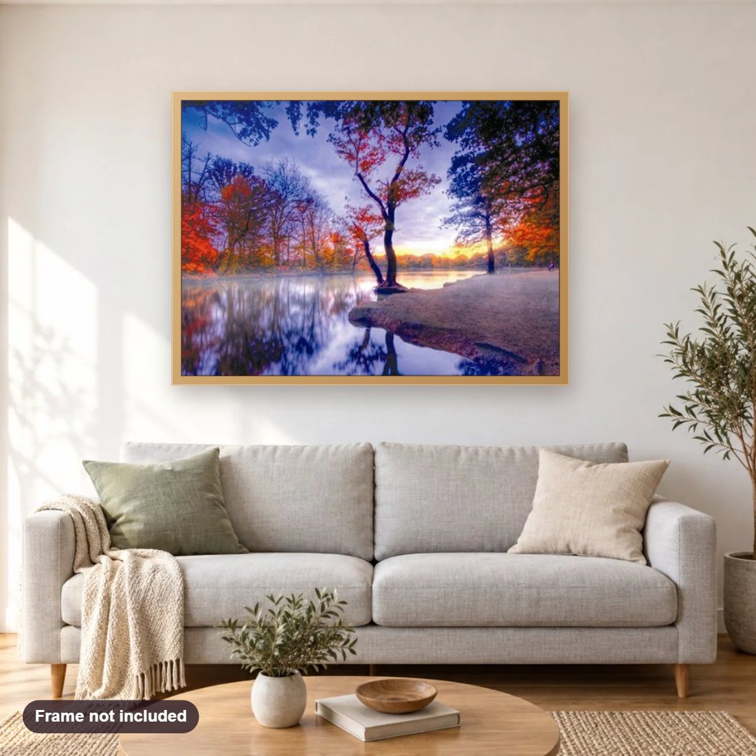 Awesome Nature View in Autumn diamond painting shown framed on a living room wall above a sofa
