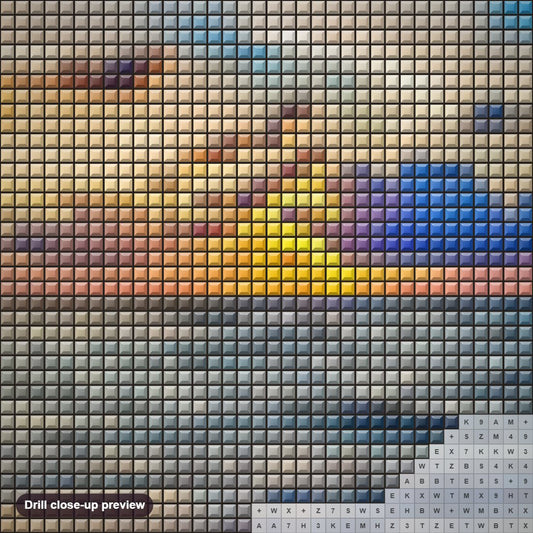Close-up preview of the Azure Sunset diamond painting with square 5D drills and printed canvas symbols