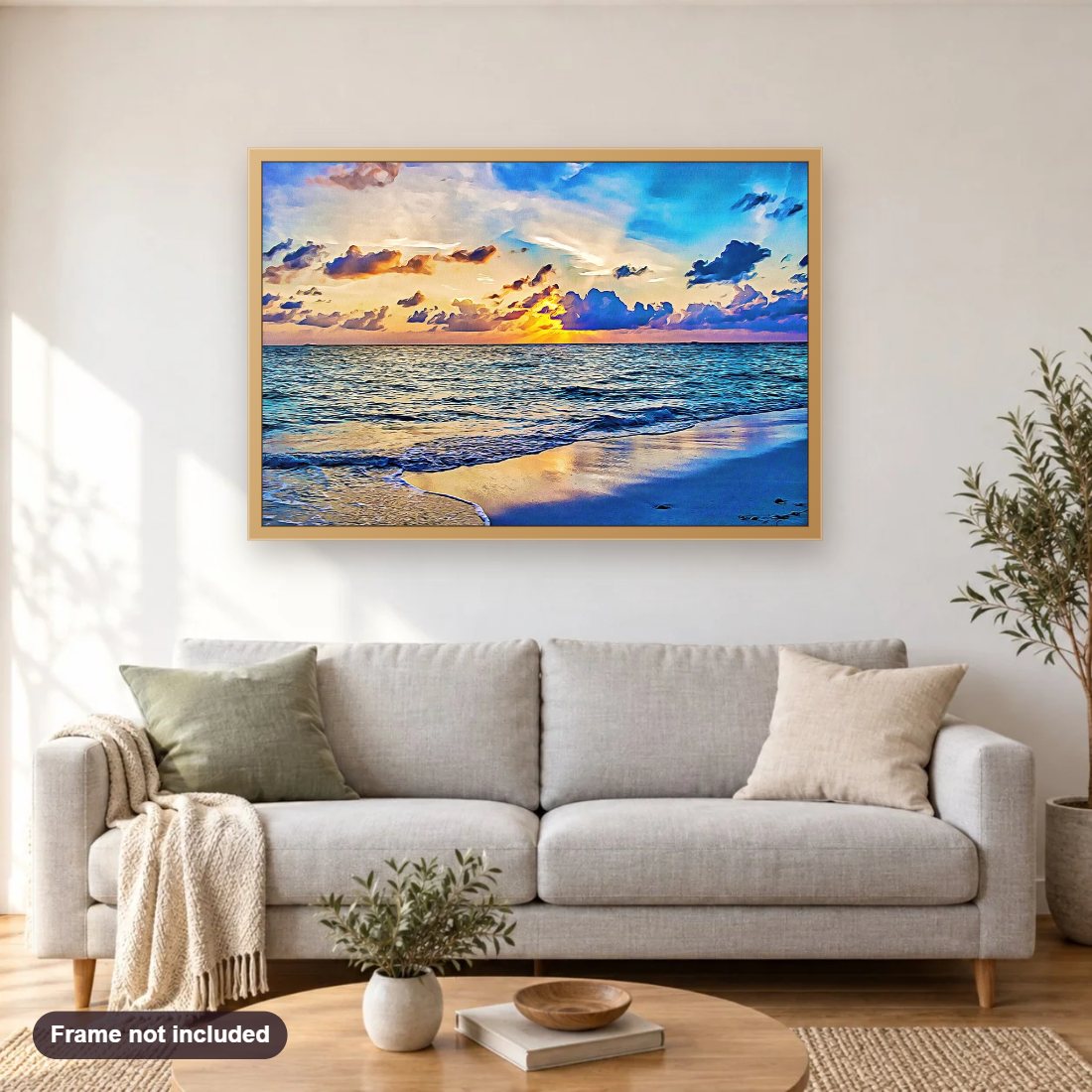 Azure Sunset diamond painting shown framed on a living room wall above a sofa