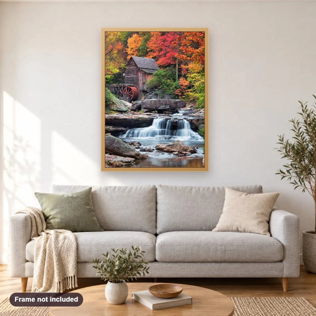 Babcock State Park diamond painting shown framed on a living room wall above a sofa
