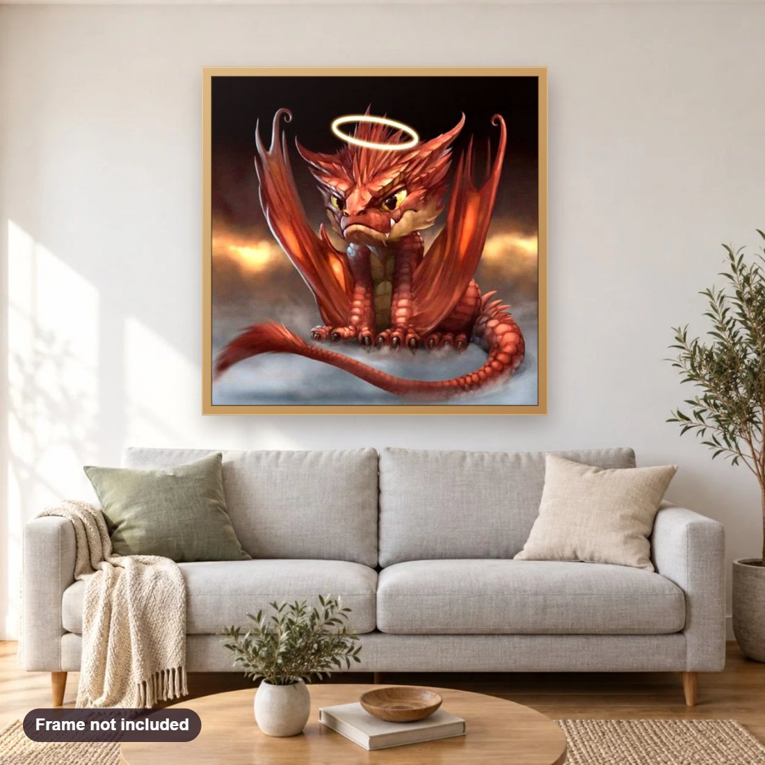 Baby Dragon diamond painting shown framed on a living room wall above a sofa