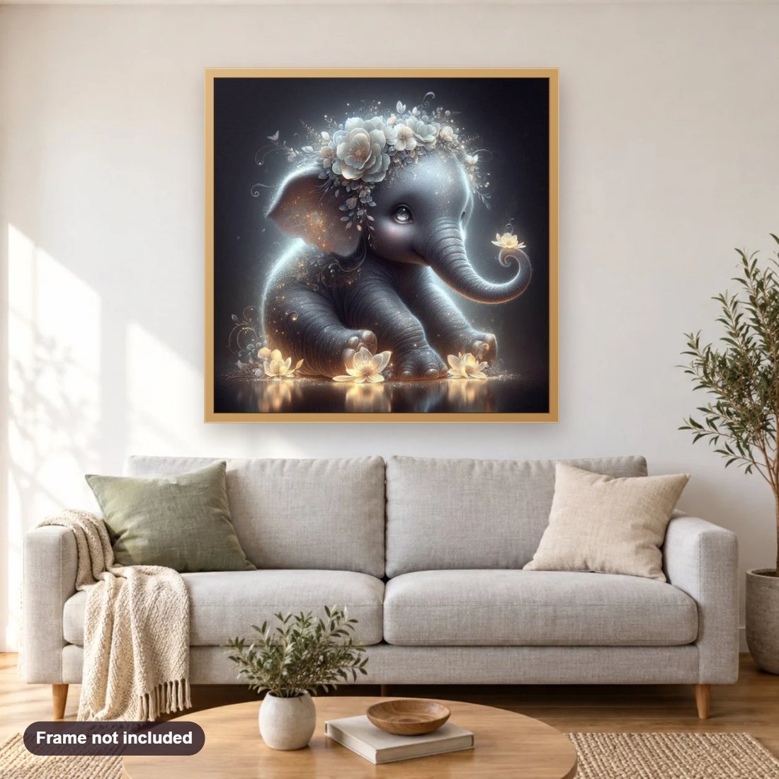 Baby Elephant Adorned With Glowing Flowers diamond painting shown framed on a living room wall above a sofa