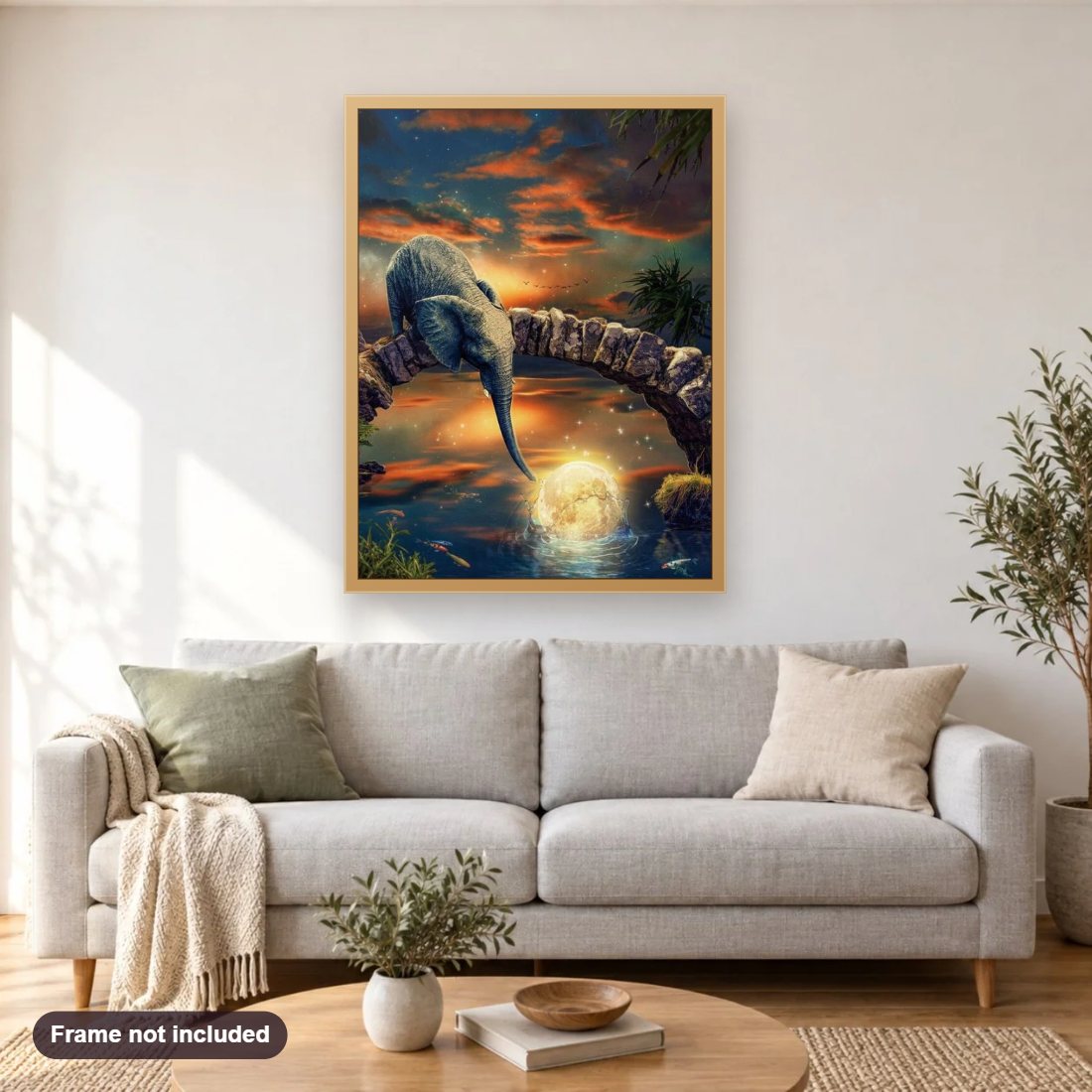 Baby Elephant at Fantasy Place diamond painting shown framed on a living room wall above a sofa