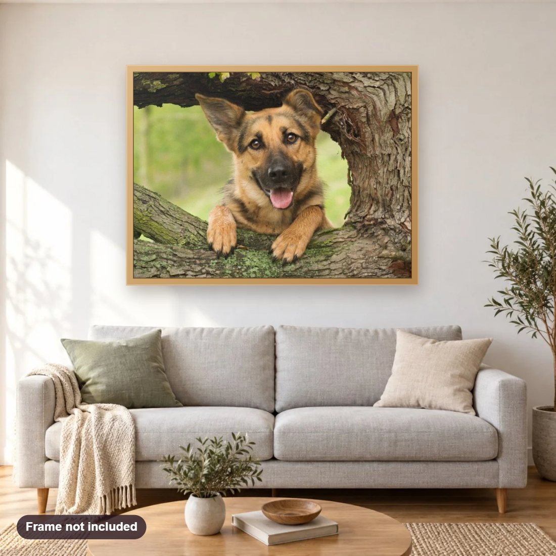Baby German Shepherd on the Tree diamond painting shown framed on a living room wall above a sofa