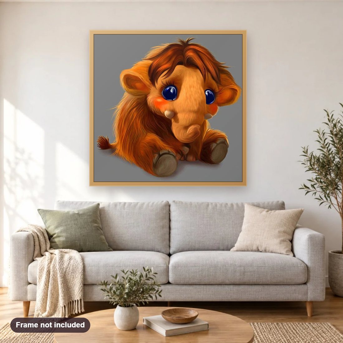 Baby Mammoth Cartoon diamond painting shown framed on a living room wall above a sofa