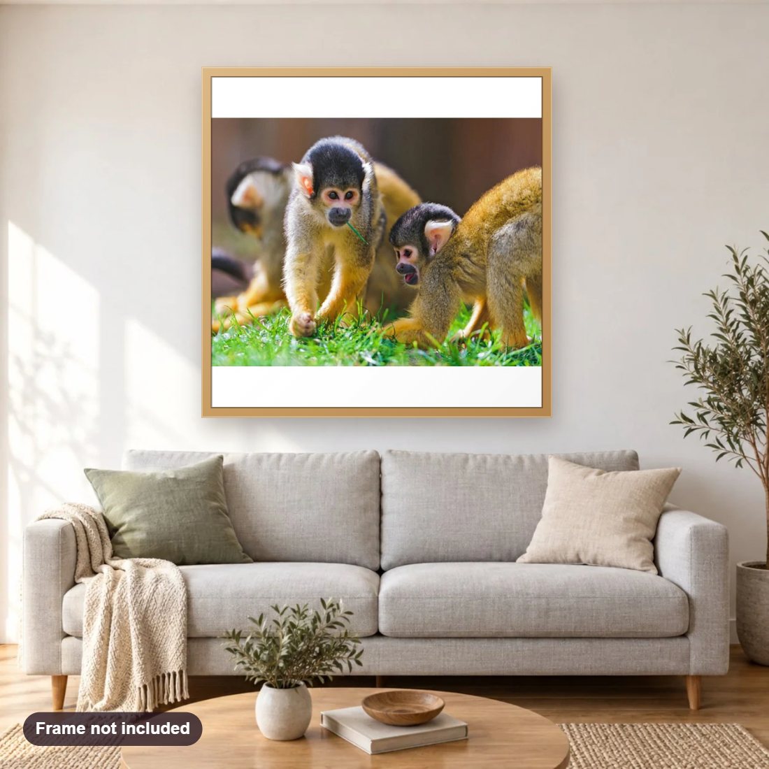 Baby Monkeys diamond painting shown framed on a living room wall above a sofa
