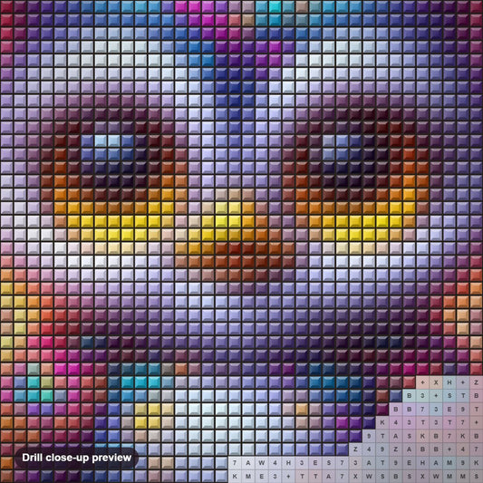 Close-up preview of the Baby Owl Nestled in Colorful Glow diamond painting with square 5D drills and printed canvas symbols