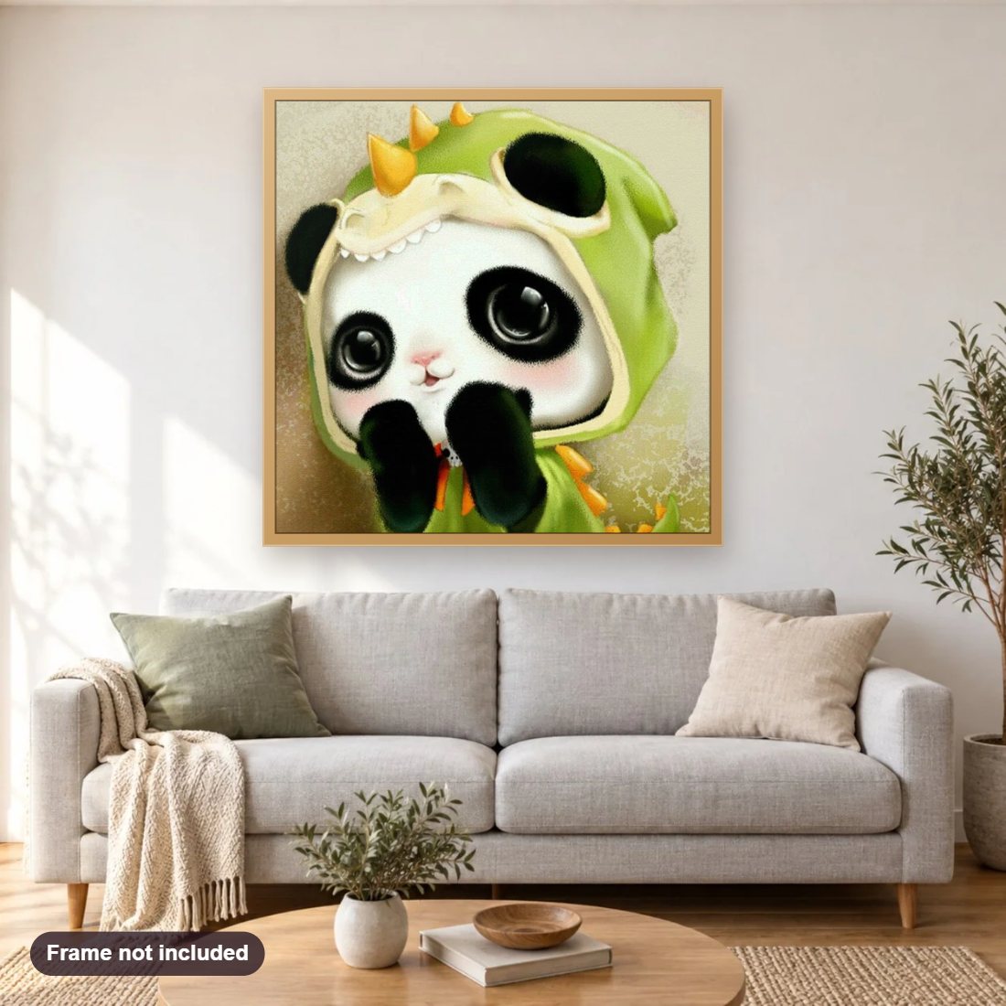 Baby Panda Cartoon diamond painting shown framed on a living room wall above a sofa