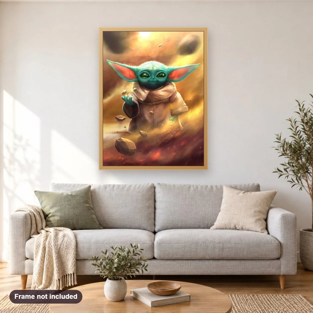 Baby Yoda diamond painting shown framed on a living room wall above a sofa