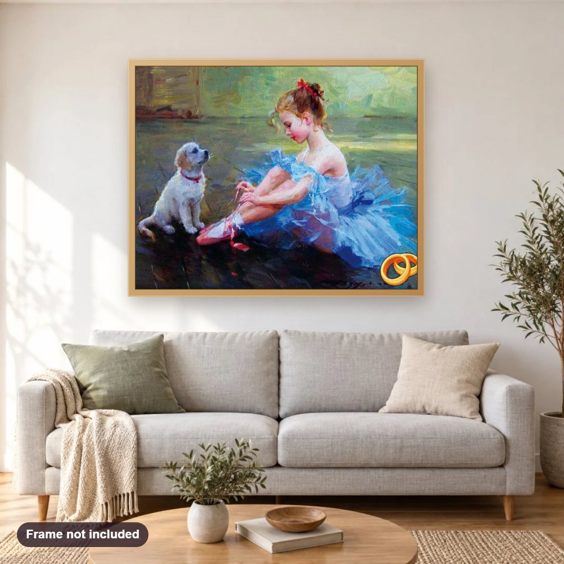 Ballet Dancer with Her Dog diamond painting shown framed on a living room wall above a sofa