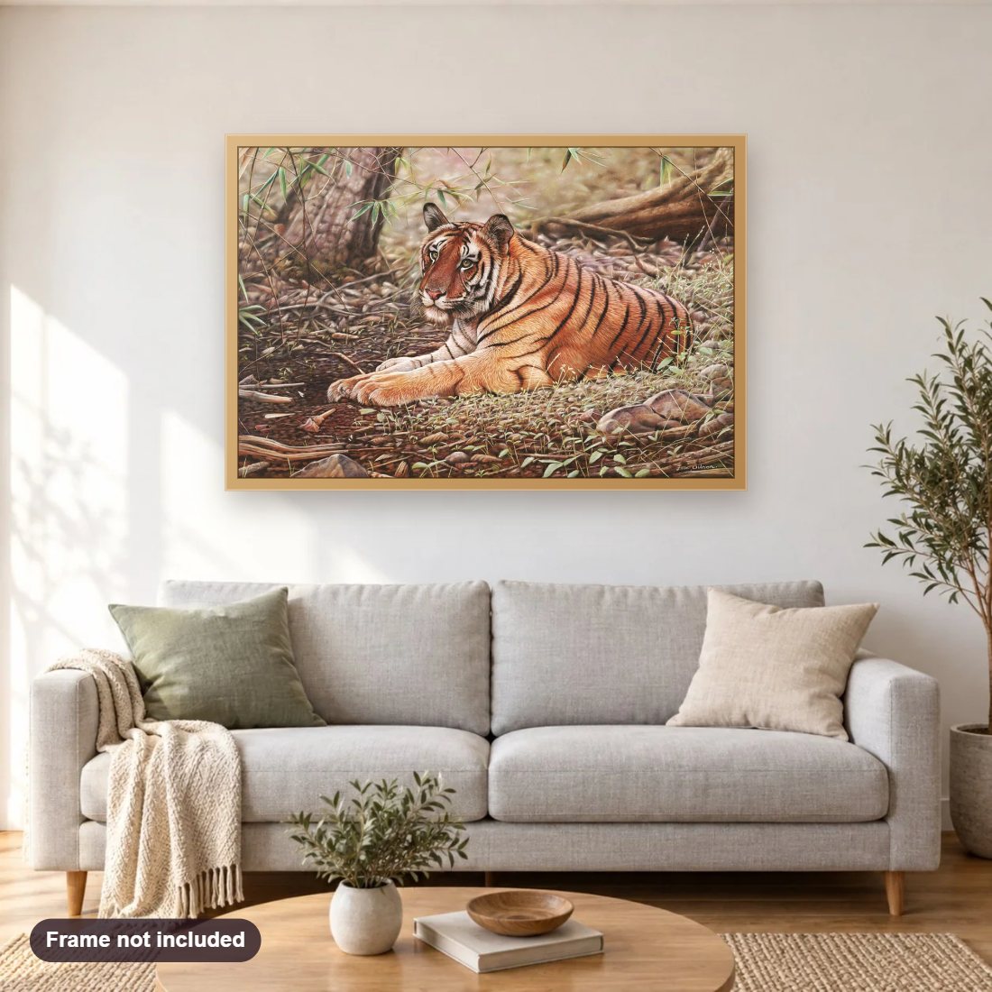 Bandhavgar Tiger diamond painting shown framed on a living room wall above a sofa