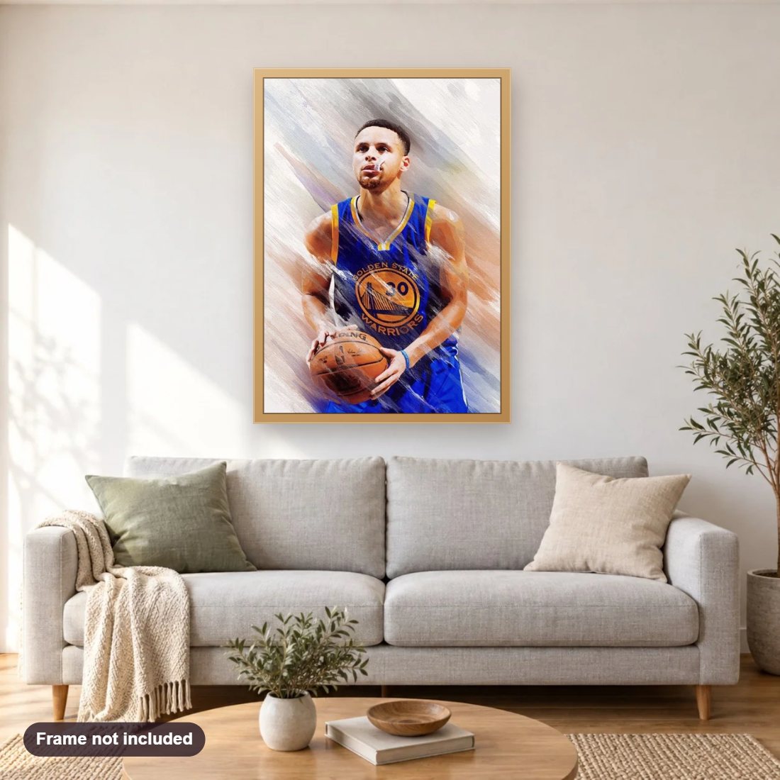 Basket Ball Player diamond painting shown framed on a living room wall above a sofa