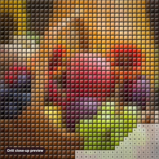Close-up preview of the Basket Full of Fresh Fruits diamond painting with square 5D drills and printed canvas symbols