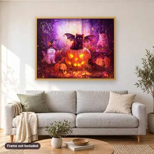 Bat Cat & Glowing Pumpkin diamond painting shown framed on a living room wall above a sofa