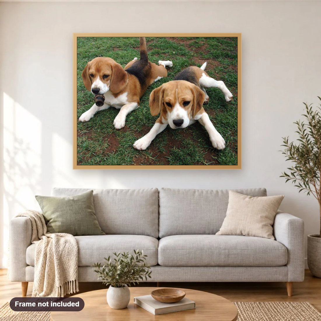 Beagle Bloodhound Puppies diamond painting shown framed on a living room wall above a sofa