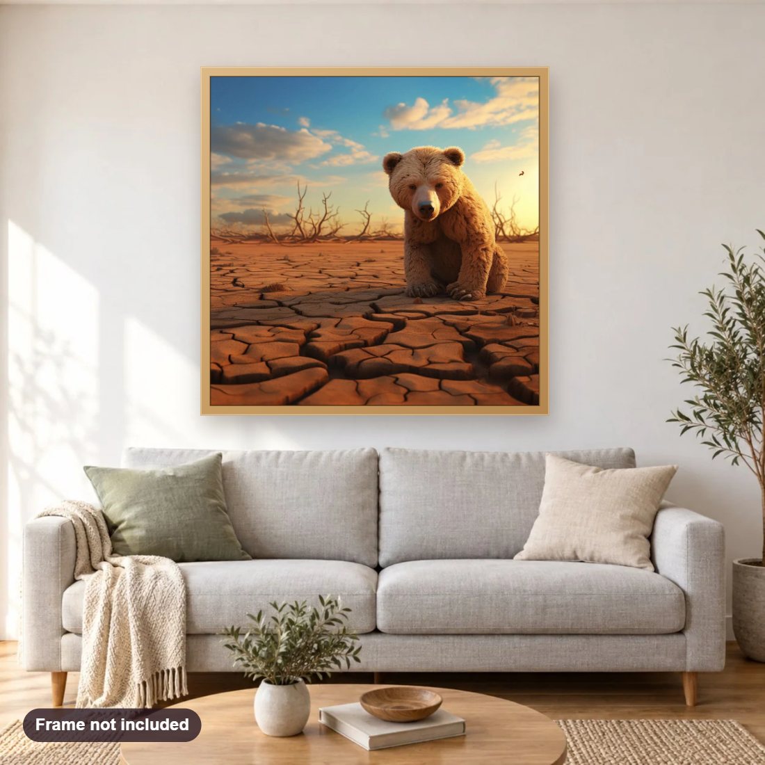 Bear in Desert diamond painting shown framed on a living room wall above a sofa