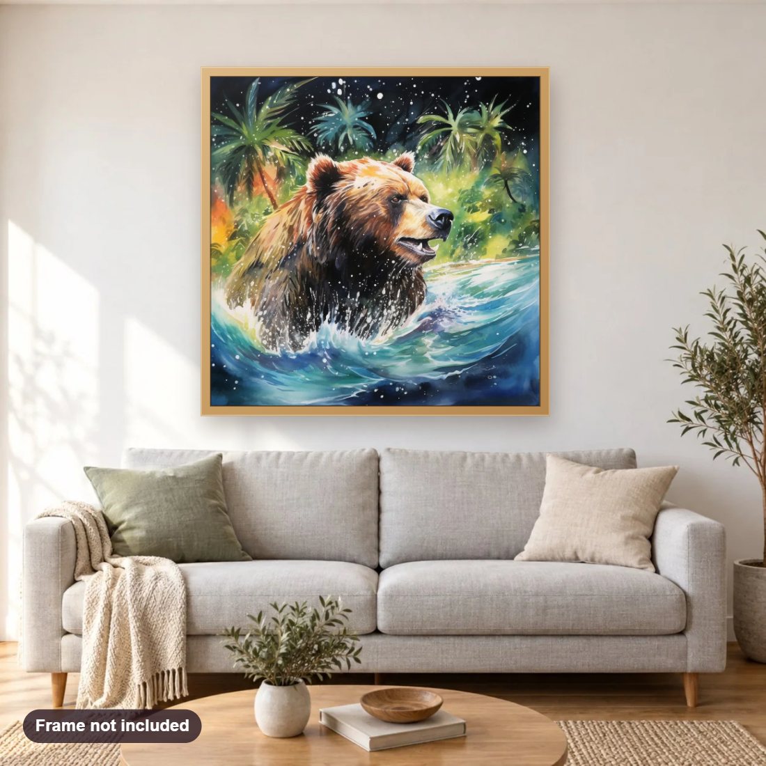 Bear on a Hunt diamond painting shown framed on a living room wall above a sofa
