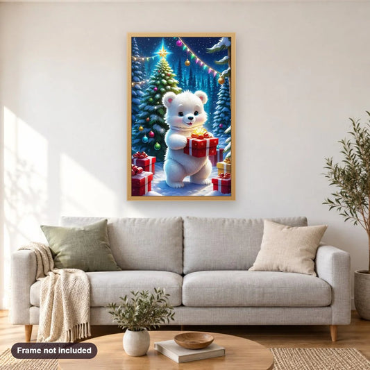 Bear y Merry Christmas diamond painting shown framed on a living room wall above a sofa