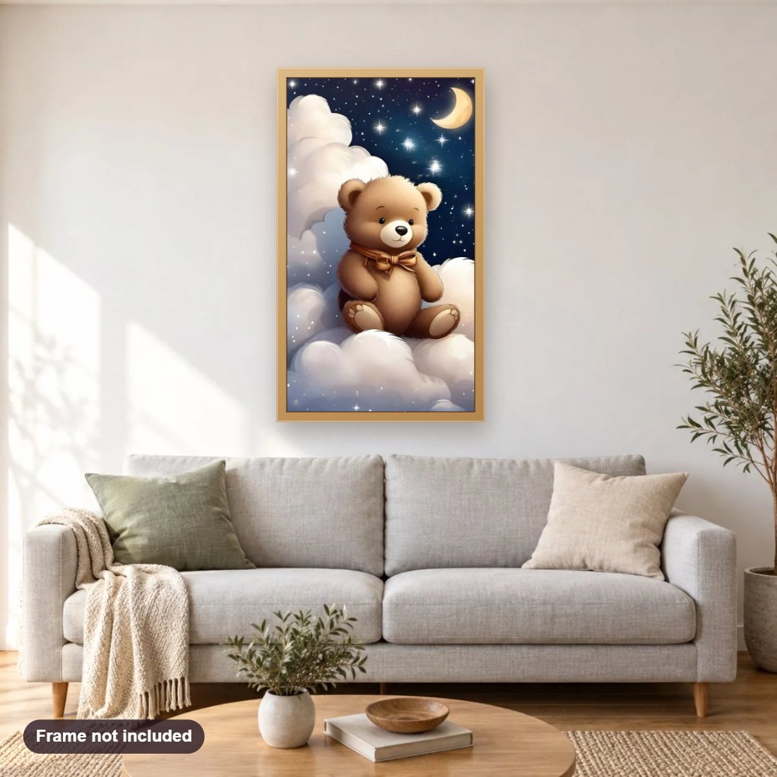Bear's Playtime in the Clouds diamond painting shown framed on a living room wall above a sofa