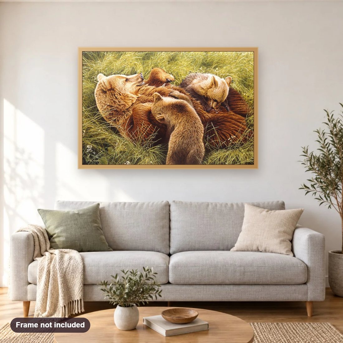 Bearing Little Bears diamond painting shown framed on a living room wall above a sofa