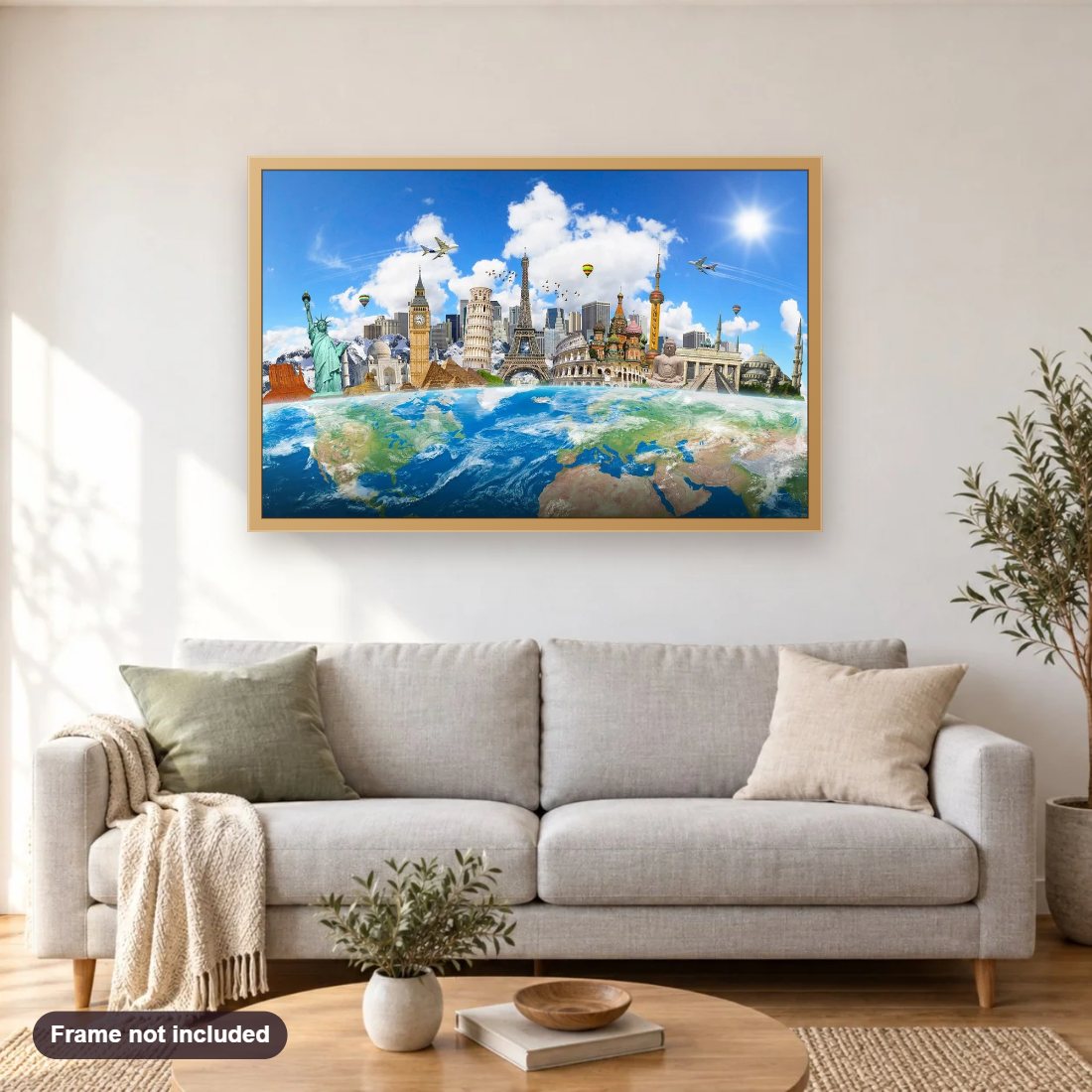 Beautiful 5D World Map diamond painting shown framed on a living room wall above a sofa
