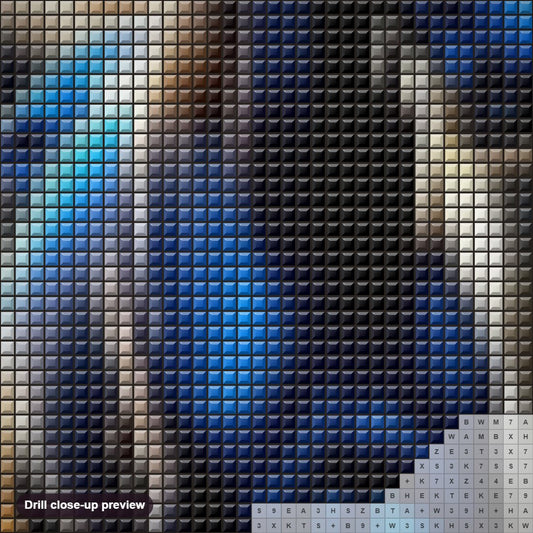 Close-up preview of the Beautiful Blue Horse With A Long Silky Tail diamond painting with square 5D drills and printed canvas symbols